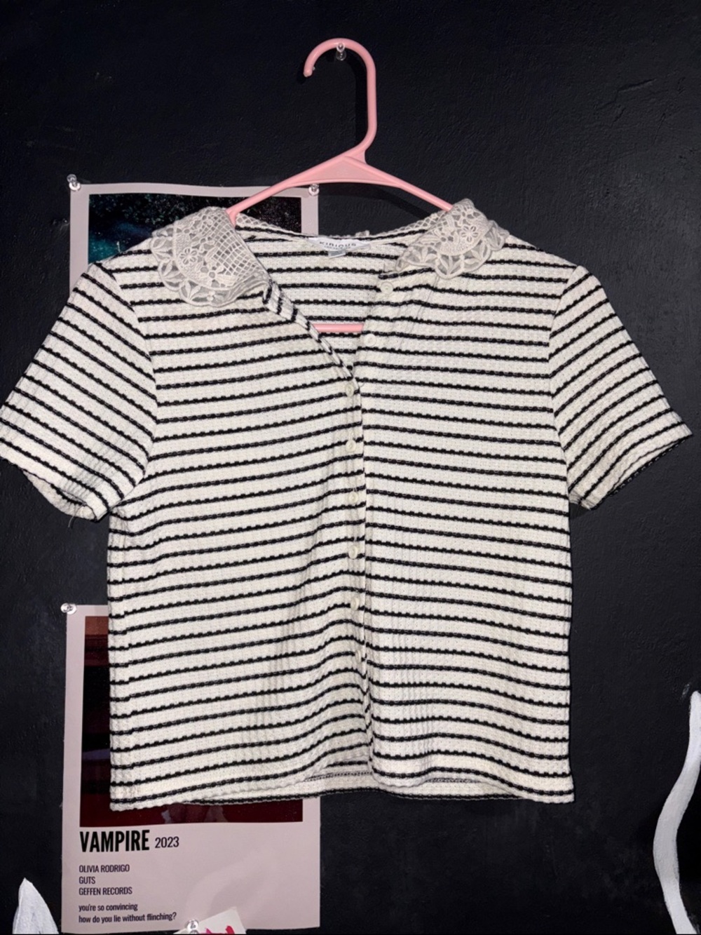 Striped Short-Sleeve Lace Collar Blouse - White/Black